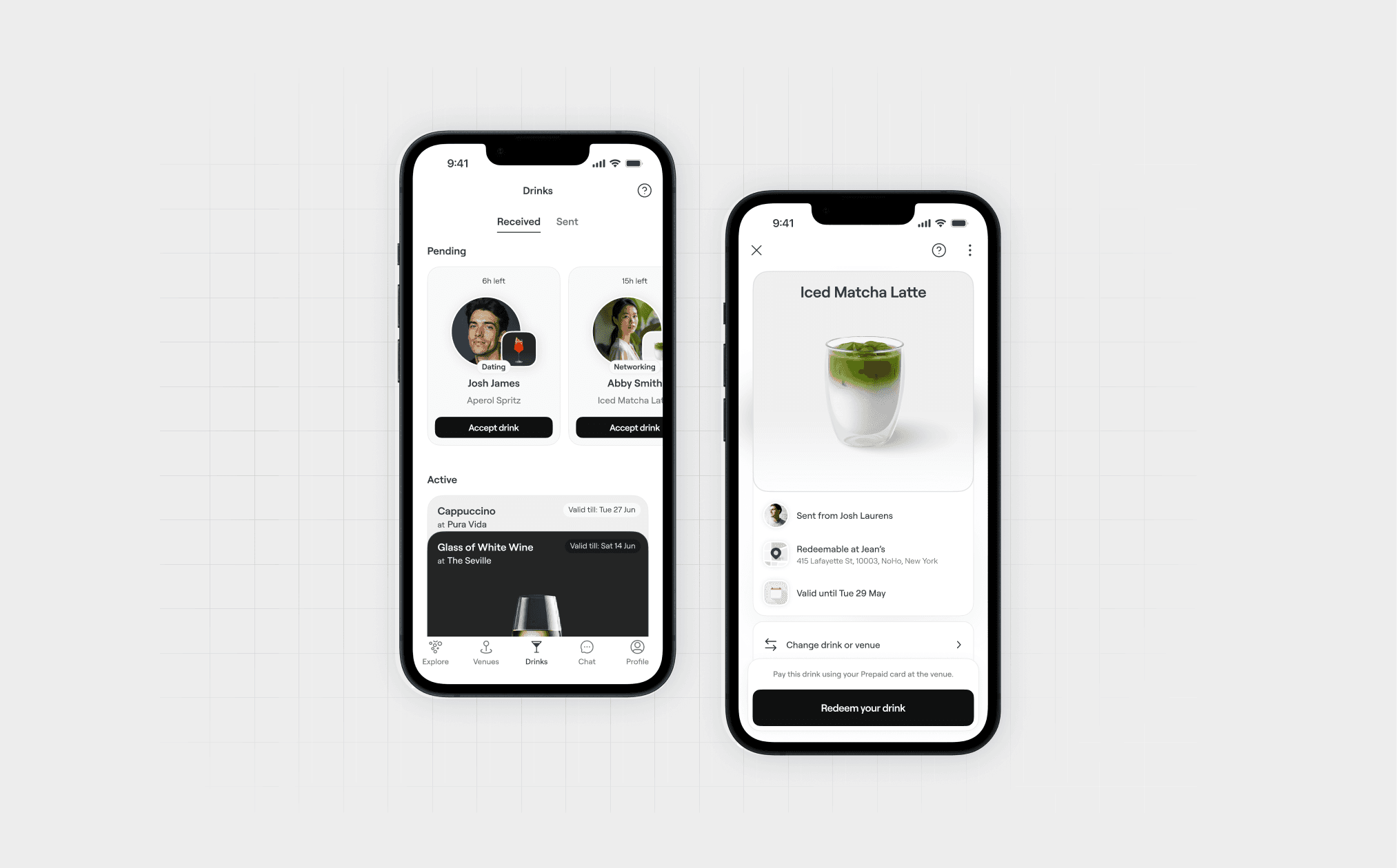 Drinks Tab: Pending drinks awaiting acceptance & drinks ready to enjoy & Drink details screen.