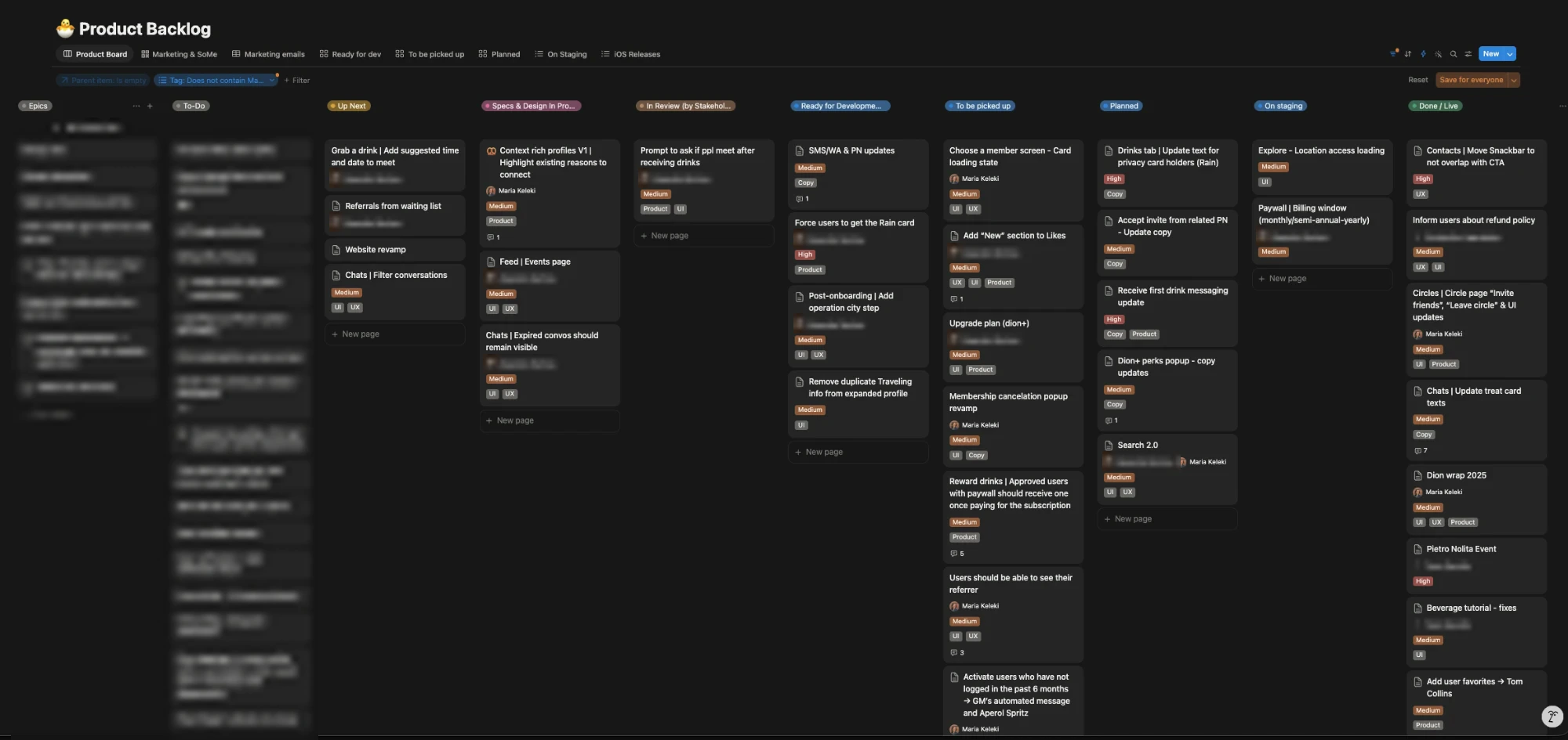 Notion product backlog board with columns from Specs & Design in progress to Ready for development, On staging and Done / Live